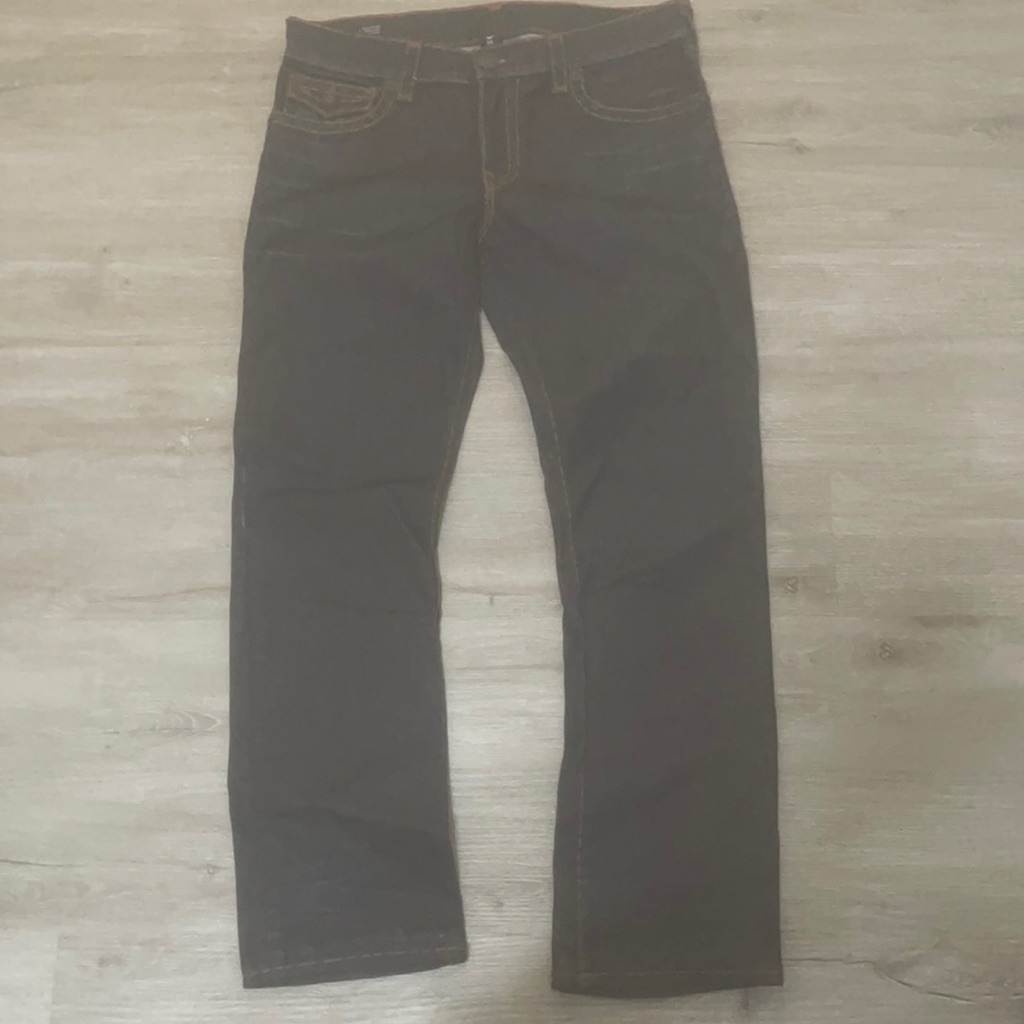 True Religion Ricky W/Flap Mens Blue Jeans Thick Stitch Leather Patch Size 34x34
